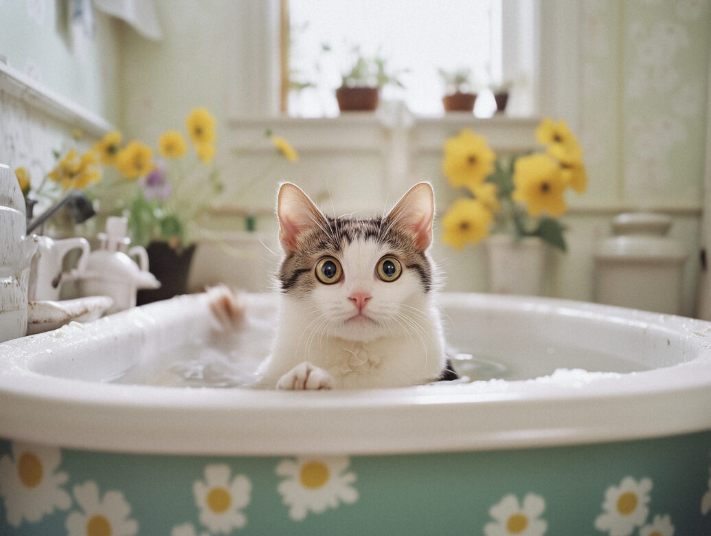 Cat Having a Bath Free Stock Photo