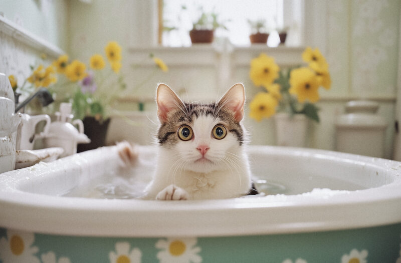 Cat Having a Bath Free Stock Photo